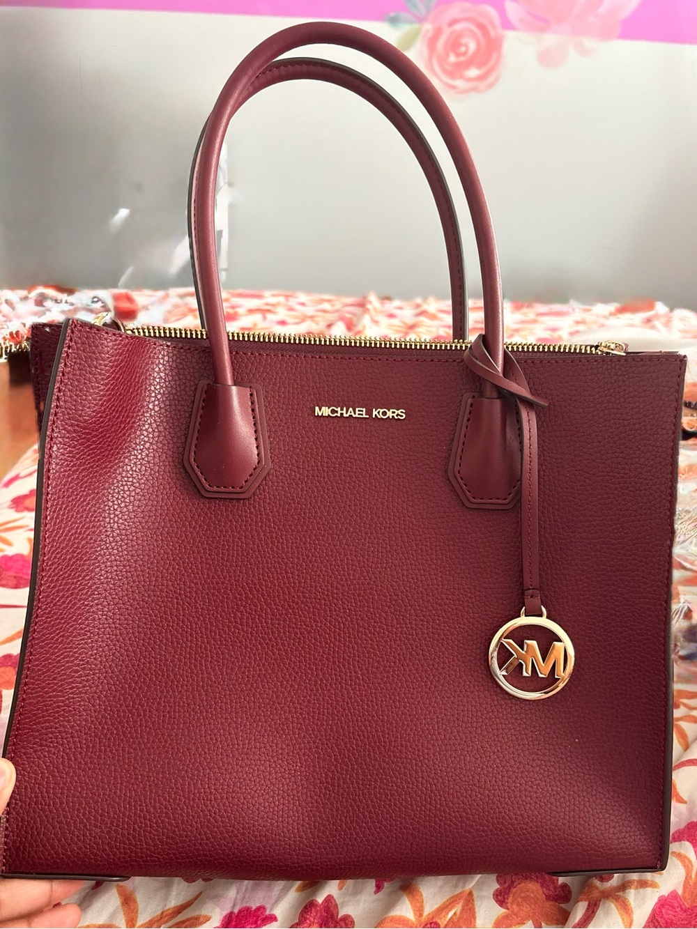 Michael Kors Wine Red Pebbled Leather Tote with Gold Accent